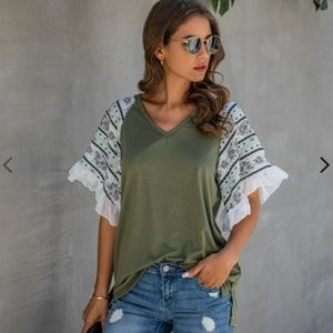 Ruffled Chiffon V-Neck Blouse T-Shirt